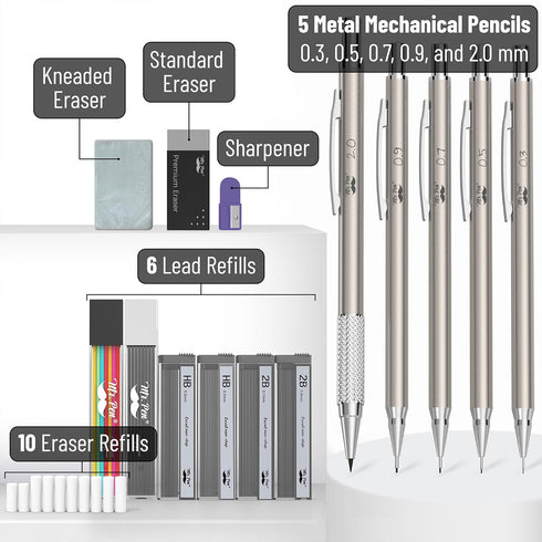 Mr. Pen- Metal Mechanical Pencil Set in Leather Case, 5 Sizes, 0.3, 0.5, 0.7, 0.9, 2mm, mechanical pencils, Sketching Pencils, Drafting Pencil, Mechanical Pencil Metal by Mr. Pen