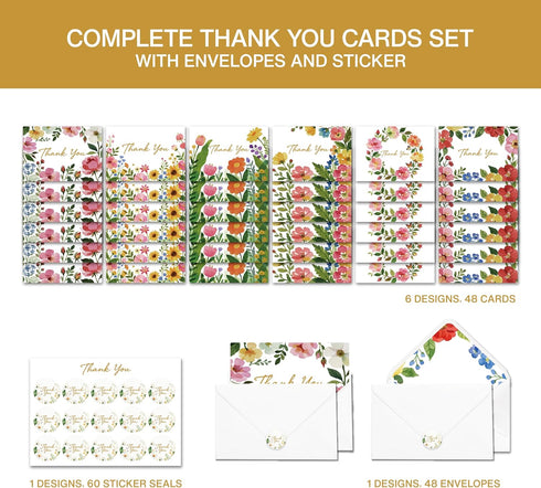 XISHIUYIS 48 Pack Set, 4) Thank You Cards with Envelopes - Floral Design Thank You Notes Small Blank Thank You Cards