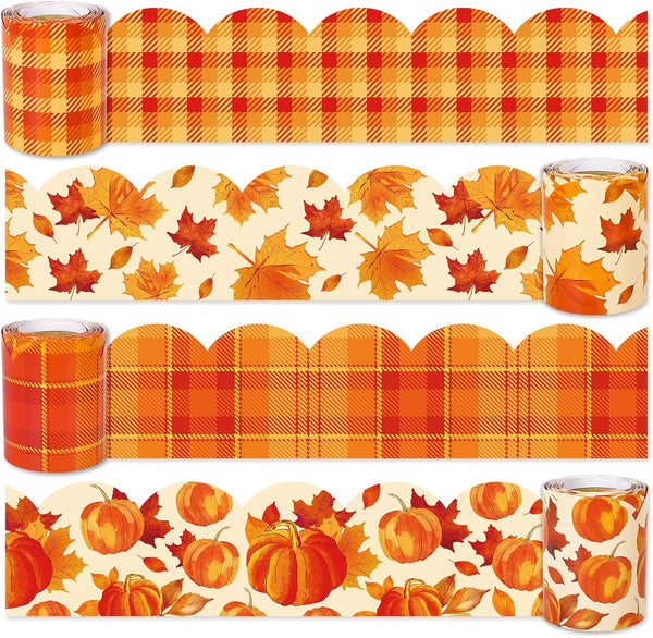 Whaline 131.2ft Fall Bulletin Board Borders, Pumpkin Maple Leaf Plaid Die-Cut Trim for Autumn Thanksgiving Decoration