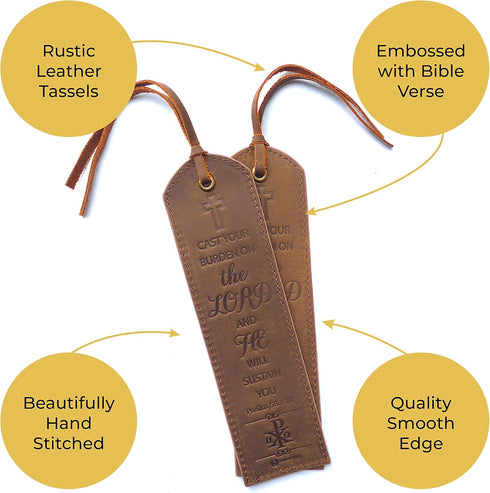 Leather Bible Bookmarks, 2 Inspirational Christian Bookmarks with Psalm 55:22, Perfect Gifts for Readers