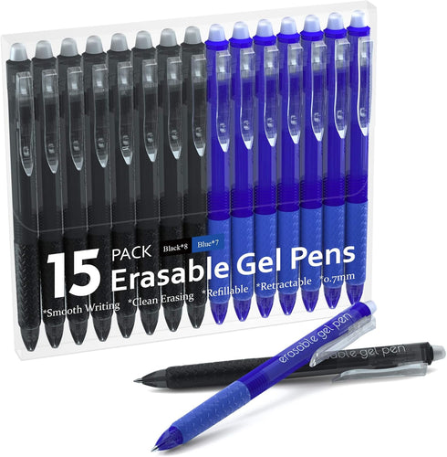 Erasable Gel Pens, 15 Pack Retractable Fine Point Pens, 8 Black 7 Blue Inks for Writing, Planner, Crossword Puzzles