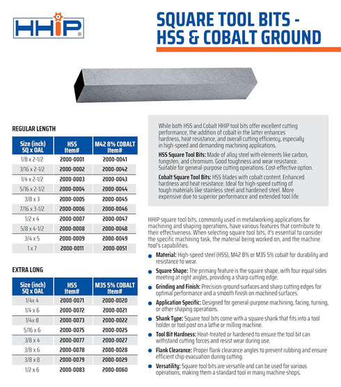 HHIP 2000-0045 3/8 x 3 Inch 8% Cobalt Square Tool Bit, 1 Count