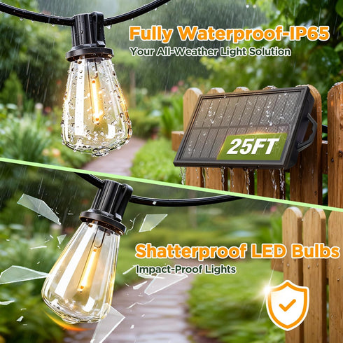 ST38 Bulbs, (25FT) Solar String Lights Outdoor Waterproof with Remote & Timer, LED Shatterproof USB & Solar Powered