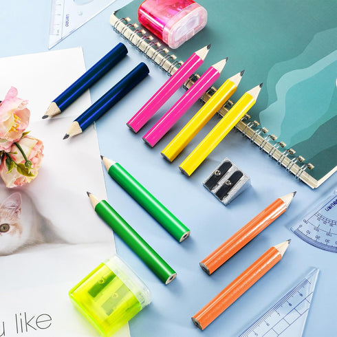 Qilery 30 Pcs Neon Color Short Triangular Fat Pencils 3.5 Inch with Sharpener & 2 Erasers - Jumbo Pencils for Kids