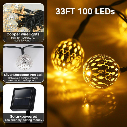 33FT 100LED 8 Solar String Lights Outdoor Waterproof,Globe Solar Fairy Lights Outdoor with Modes,Moroccan String Lights