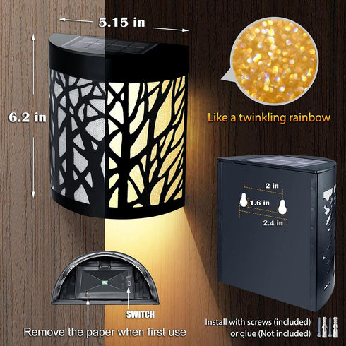 DenicMic (2 Pack) Solar Wall Lights Outdoor Wall Sconce Fence Lighting for Patio Front Door Yard Deck Stair Led Forest