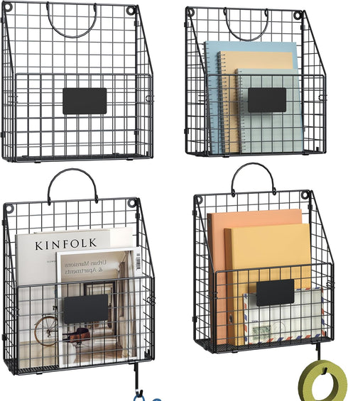 Hanging Wall File Holder Organizer, Metal Wall Mount File Folders Holder with Handles and Hooks, 4 Packs, Black