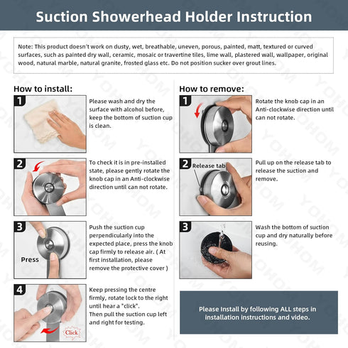 YOHOM Adjustable Handheld Shower Head Holder Bracket - Suction Cup Stainless Steel Vacuum Hose Holder for Bathroom