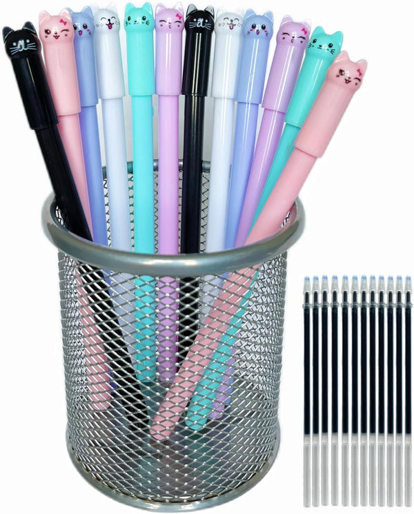 Cat Pens, 12pcs Cute Cat Style Gel Pens with 0.5mm Black Ink, Fun Gifts for Kids, School, Office