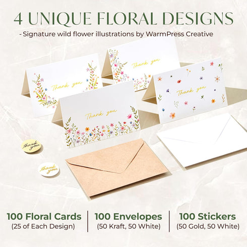 WarmPress Creative 100 Pack 4x6 300GSM Set Thank You Cards with Envelopes Bulk - Gold Foil Floral Blank Notes