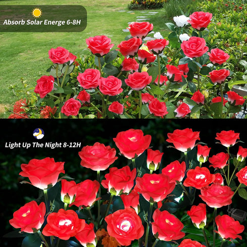 10 2 Pack Solar Garden Lights, Solar Outdoor Lights with More Realistic Rose Waterproof Solar Powered Flowers
