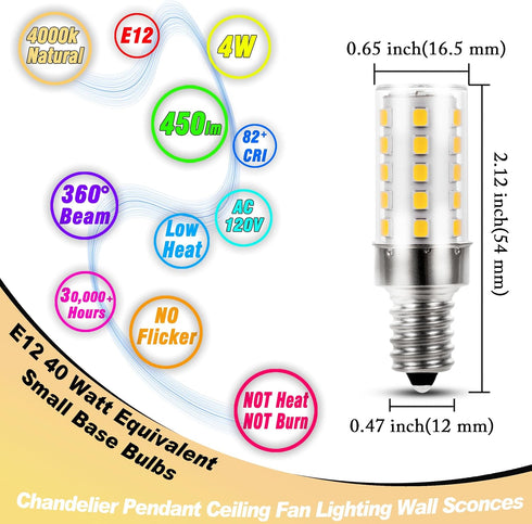 E12 T6 C7 40 Bulbs 4000K 450lm 4W 120Volt E12 Bulb Non-Dimmable, 4 Pack Heifymi Watt Equivalent LED Natural White Small