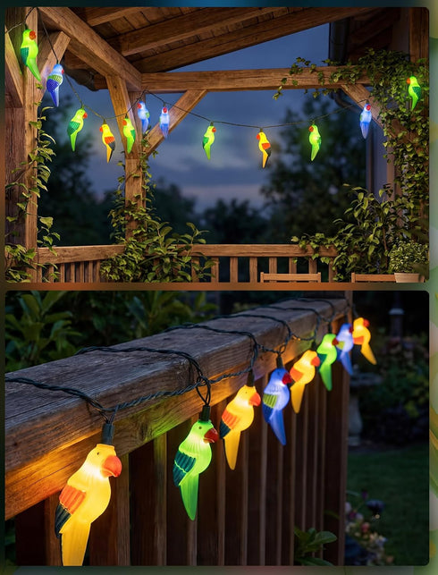 Xingzd 8.5Ft 10 Summer Parrot Outdoor String Lights, LED Tropical Themed Patio Lights with Multicolor Birds Lights