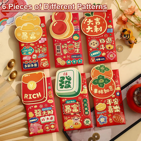 BAIWOVIS 2026-6Pcs Red Envelopes for Chinese New Year Creative Lucky Money Envelope Hongbao of Cute Patterns