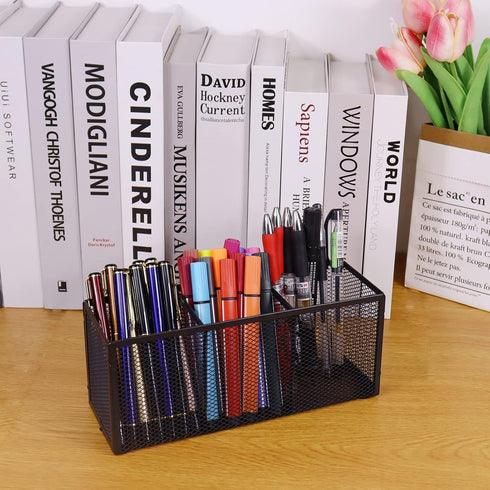 Black Mesh Pen Pencil Holder, Small Metal Desk Organizer for Office Supplies, 3 Compartments for Home School