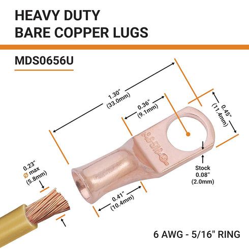 SELTERM 25pcs 6 AWG 5/16" Stud Battery Lugs, Heavy Duty Copper Wire Ring Terminals, UL Bare Copper Connectors