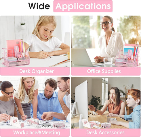 Pink Desk Organizers and Accessories, Pink Office Supplies with Mesh Desk Organizer, Acrylic Tape Dispenser, and