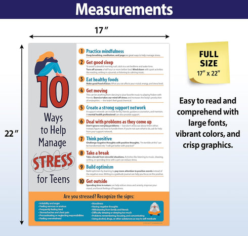 ZOCO 10 Ways to Manage Stress for Teens Poster, Mental Health Awareness Items, School Counselor Decor, Laminated 17 x 22