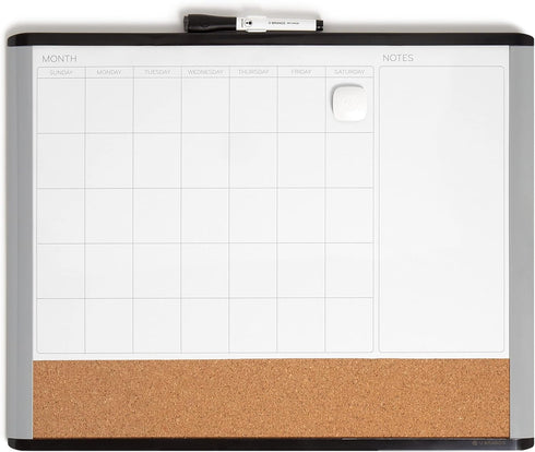 U Brands 3-in-1 Magnetic Dry Erase Calendar Board, 16" x 20" with Black and Gray Frame, Magnet and Marker Included