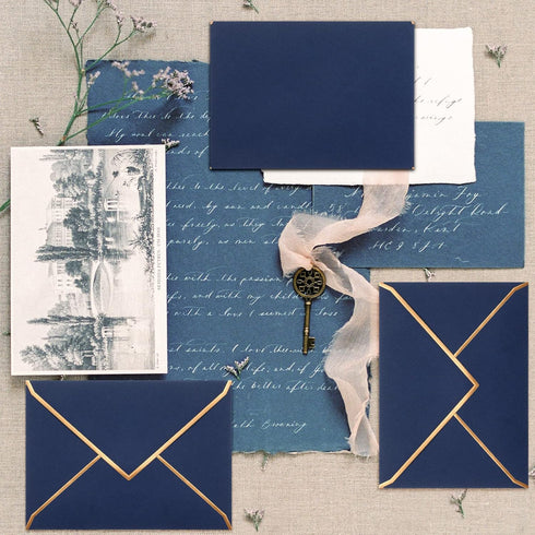 Teling 100 Pack 5 x 7 Envelope Invitations A7 V Flap Envelopes with Gold Border Fancy Envelopes for Bridal Shower Wedding Business Birthday Invitations(Dark Blue) by Teling