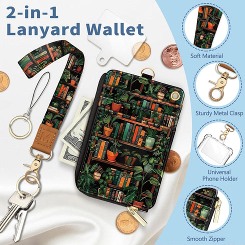 Lanyard Wallet with Id Badge Holder, Bookshelf RFID Small Keychain Wallet Women Wristlet, Cute Zipper Credit Card