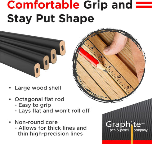 GRAPHITE Hard Lead Carpenter Pencils, Bulk Pack of 12 Pieces, #2 (HB) - Black Wooden Pencil