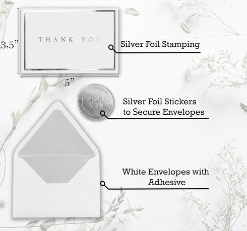T&M Quality Designs LLC 100 Thank you cards with envelopes and stickers, Silver Foil Stamping