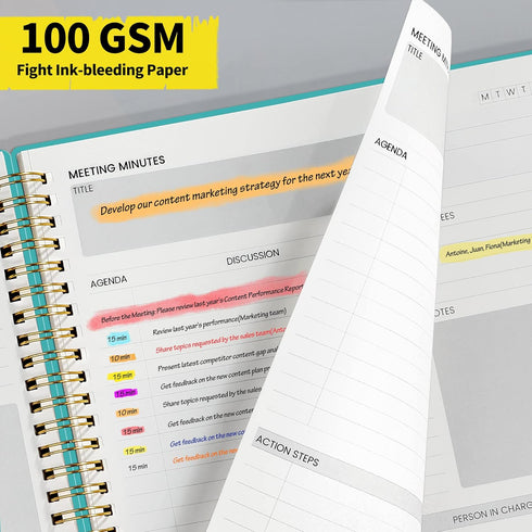 SUNEE Meeting Notebook for Work - 160 Pages, B5 Size Project Planner, Spiral Meeting Agenda/Minutes Organizer for Office