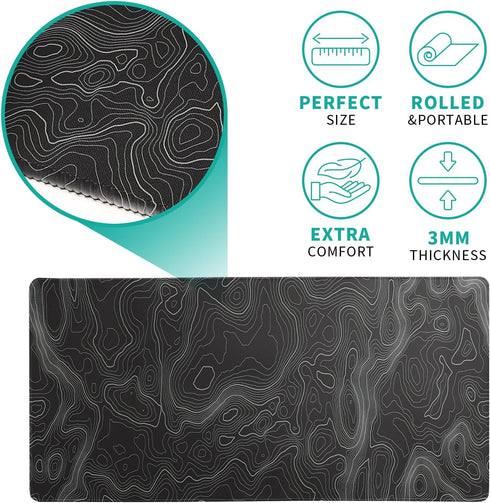 Topographic Contour Extended Big Mouse Pad, 27.6x11.8 Inch Gaming Desk Pad with Non-Slip Base and Stitched Edge