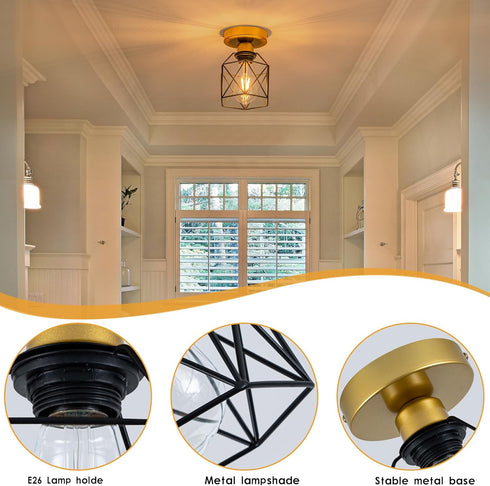 Edzemuwa Industrial Ceiling Light, Gold and Black, Metal Cage Shade, Semi-Flush Mount, Geometric Design Caged, Mini