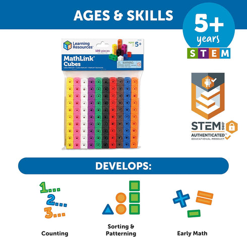 Learning Resources MathLink Cubes - Set of 100, Ages 5+, STEM Activities, Teacher Supplies