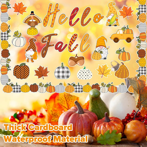 Faccito 70 Pcs Fall Bulletin Board Decorations Set, Hello Fall Cutouts with Autumn Gnome Pumpkin Borders