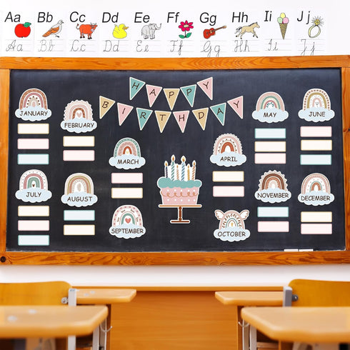 Boho Bulletin Board Decorations Set, Rainbow Birthday Chart Cutouts for School Bulletin Calendar