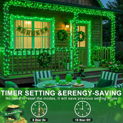 250 82ft 8 LED Green String Lights Indoor, St Patricks Day Lights Clear Wire Modes Plug in Waterproof Christmas Lights