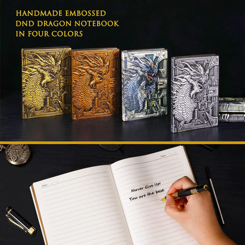 DND Dragon Notebook, 3D Embossed Leather Journal, A5 Vintage Travel Journal with Pen & Sleeve, D&D Handmade Diary