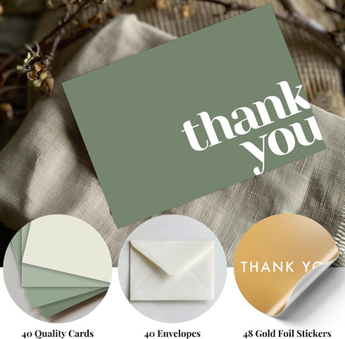 Pack 40 5x3.5 Inches Paper Play Thank You Cards Bulk of Green, with Matching Stickers & Envelopes, Minimalistic Design