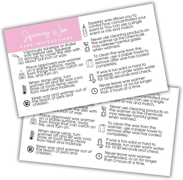 Lashicorn Squeezy Wax Instruction Cards Squeezable Liquid Melt Bottle | 50pk 2x3.5 Minimalist
