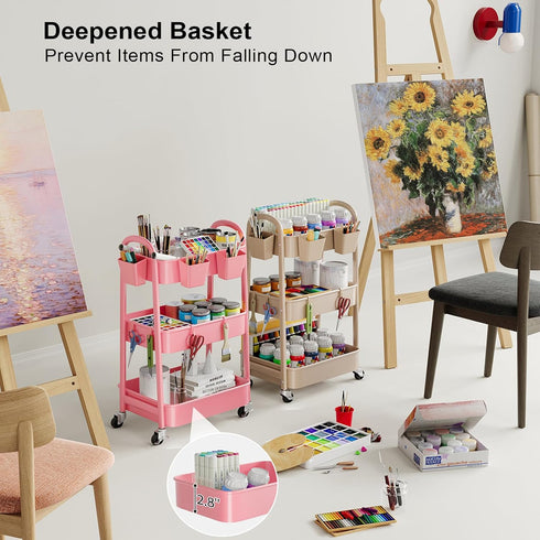 Osivaex 3 Beige Tier Rolling Cart Metal on Wheels, Three Tiered Storage Organizer Utility Trolley with Wheels for Art