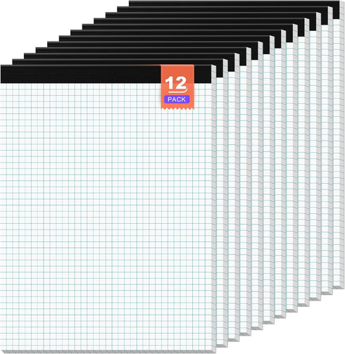 Graph Paper Pad, 8.5 x 11 Grid Paper, 12 Pack, 30 Sheets per Notepad, Graph Ruled Math Paper, Perforated Square Paper