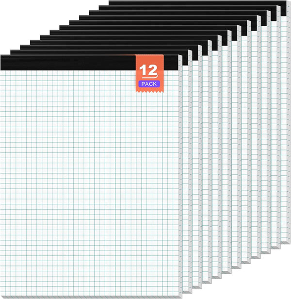 Graph Paper Pad, 8.5 x 11 Grid Paper, 12 Pack, 30 Sheets per Notepad, Graph Ruled Math Paper, Perforated Square Paper