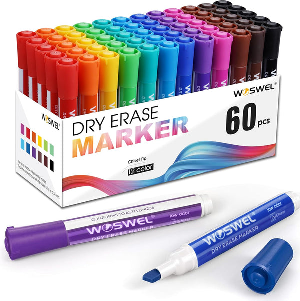 Dry Erase Markers, 60 Bulk Pack, 12 Assorted Colors Chisel Tip Low Odor Whiteboard Markers