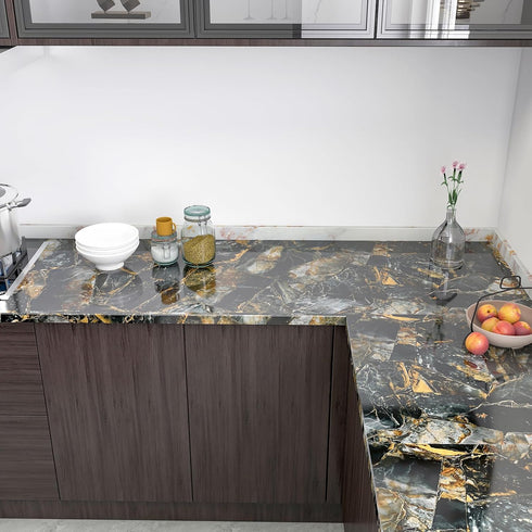 17.7''x100'' Slate Gold Glossy Marble Contact Paper for Countertops, Waterproof Peel and Stick Vinyl Wallpaper