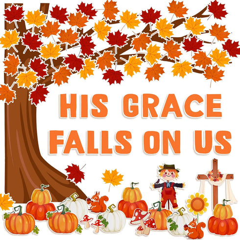 Konsait 89PCS His Grace Falls on Us Christian Bulletin Board Sets, Big Tree Pumpkins Religious Fall Decorations for