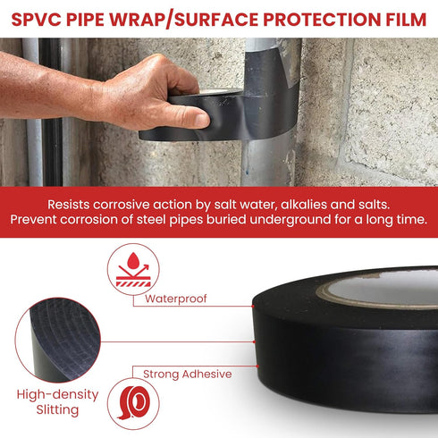 GGR Supplies T.R.U. PWT-10 Heavy-duty SPVC Pipe Wrap Tape for HVAC, 100 Ft, Black, 2 in.