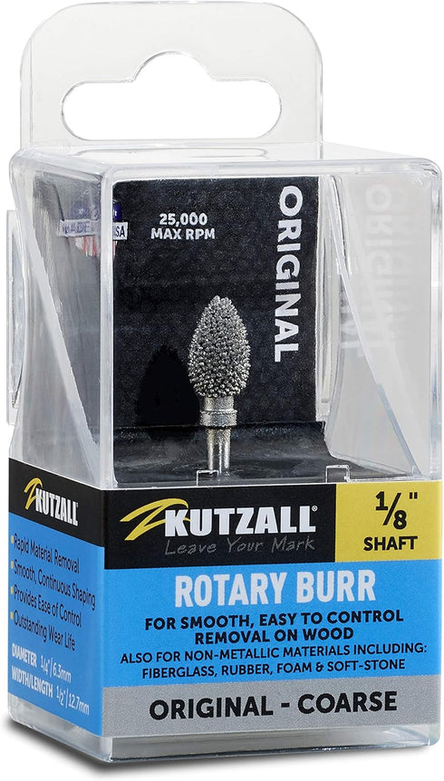 Kutzall Original Flame Rotary Burr, 1/8" Shaft, Coarse - Woodworking Attachment for Dremel, Foredom, DeWalt, Milwaukee. Abrasive Tungsten Carbide, 1/4" (6.3mm) Dia. X 1/2" (12.7mm) Length, FL-14-E