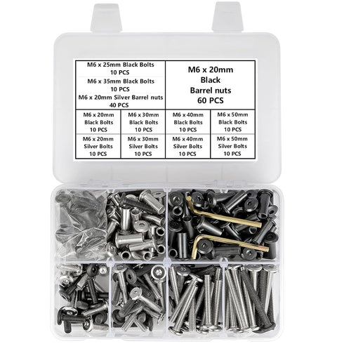 100 Sets M6 Bolts and Barrel Nuts Kit, Mixed Silver and Black Steel Hex Metric Screws for Cabinet Stability