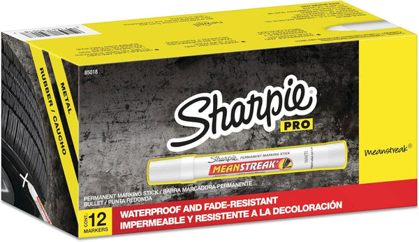 Sharpie Mean Streak Permanent Marking Stick, Bullet Tip, White, Box of 12