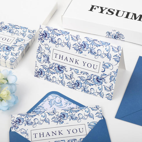50 Pack 4 6 Inch FYSUIMU Blue White Floral Thank You Cards Boxed Chinoiserie Flower Greeting Cards With Envelopes