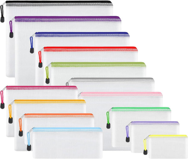EOOUT 14pcs Zipper Pouches for Organizing, Waterproof Mesh Bags with Zipper, 8 Sizes 14 Colors for Storage