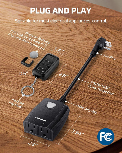 DEWENWILS 15A Outdoor Wireless Remote Control Outlet, 2 Weatherproof Sockets, 100 FT Range, 7 Inch Extension Cord, FCC